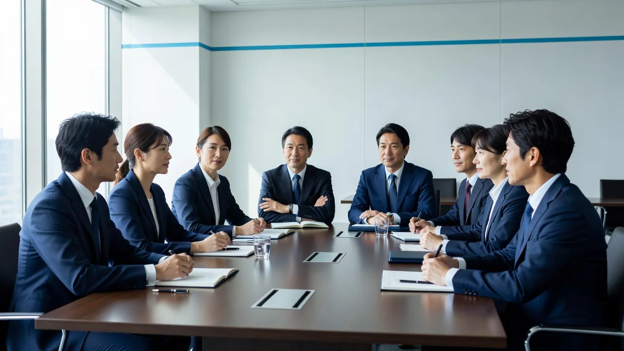会議室でスタッフが資料を確認しながら打ち合わせをしている様子
