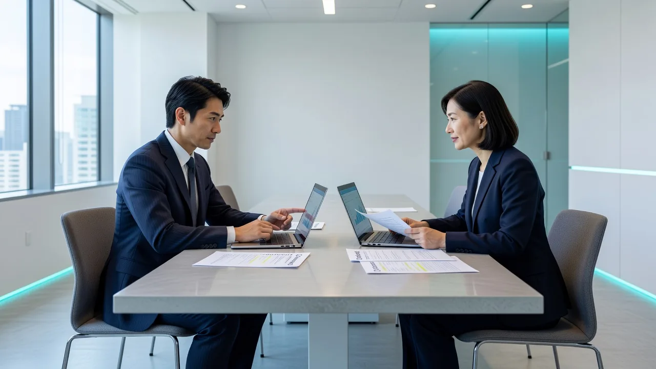 資料を用いて提案内容を説明するコンサルタント