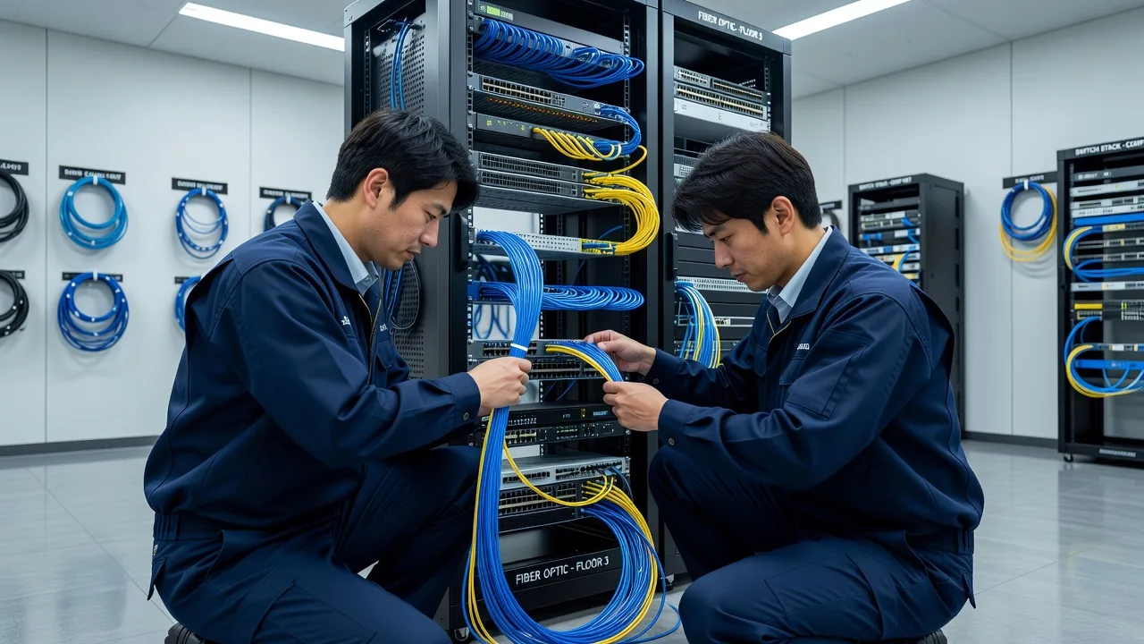 光回線の配線工事を行う作業員