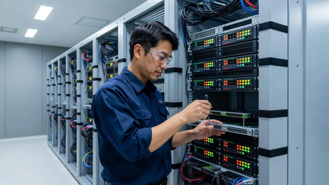サーバーラックの設定作業を行うエンジニアの手元